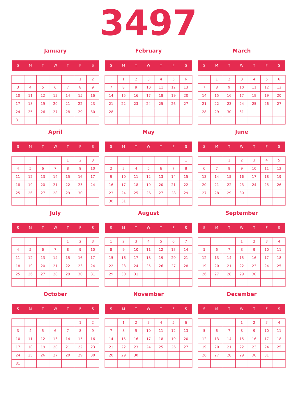 Printable 3497 Year Calendars amaranth
