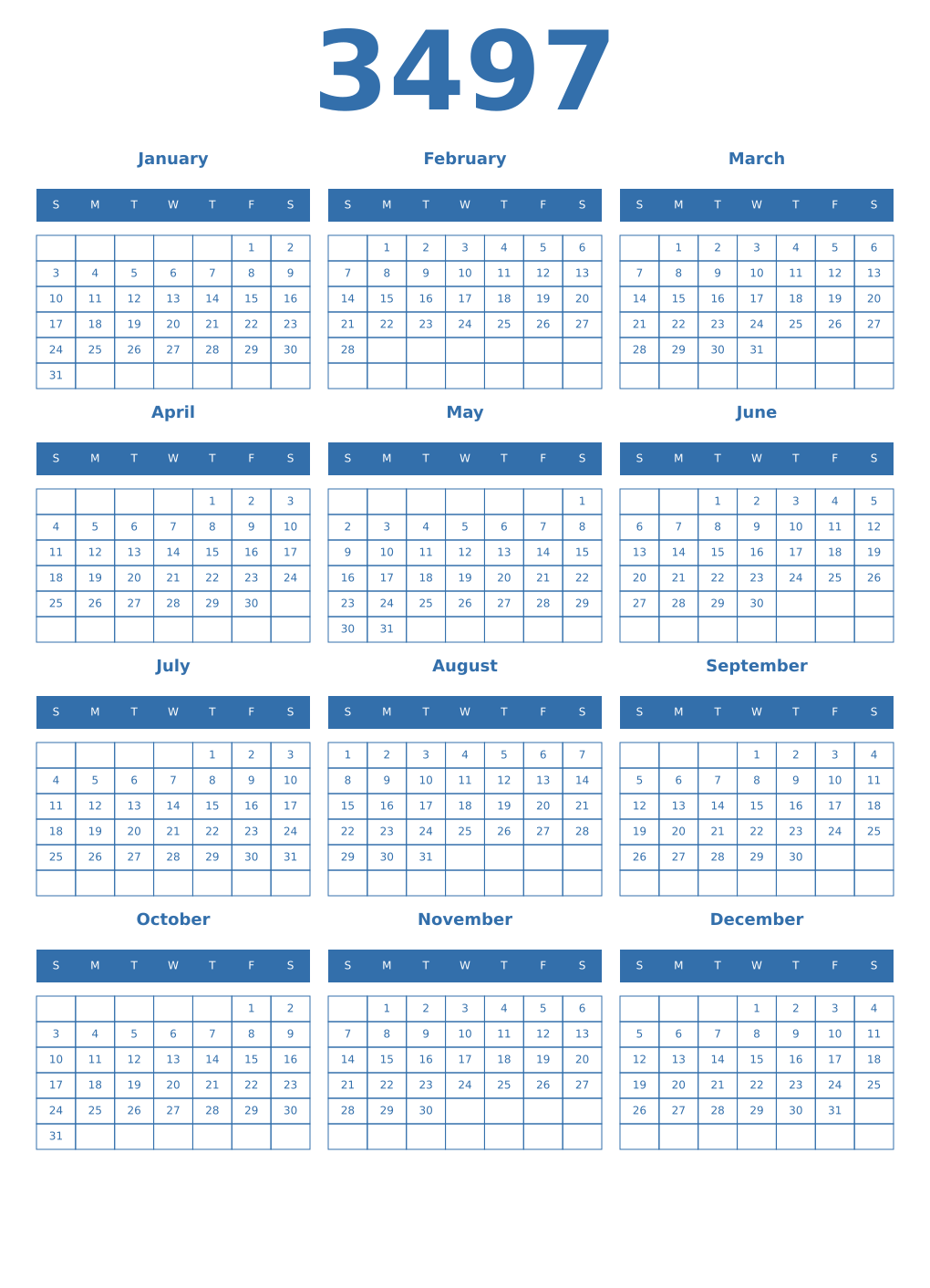 Printable 3497 Year Calendars blue