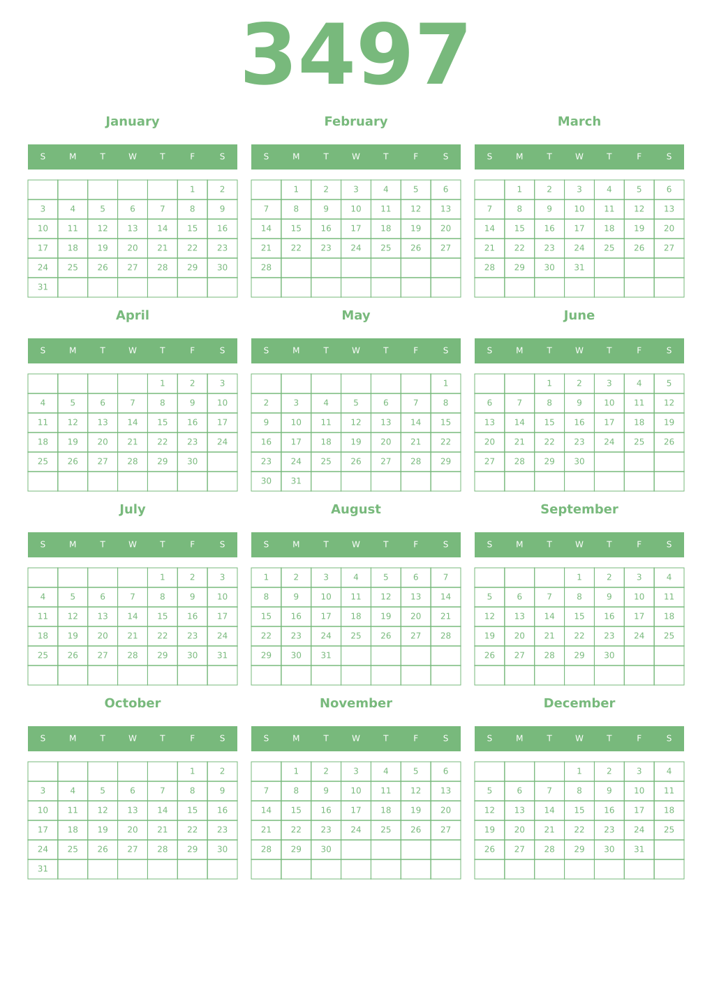 Printable 3497 Year Calendars celadon