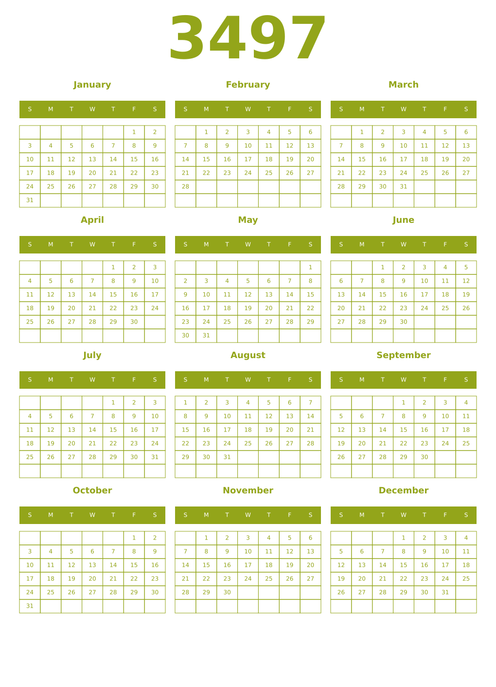 Printable 3497 Year Calendars chartreuse