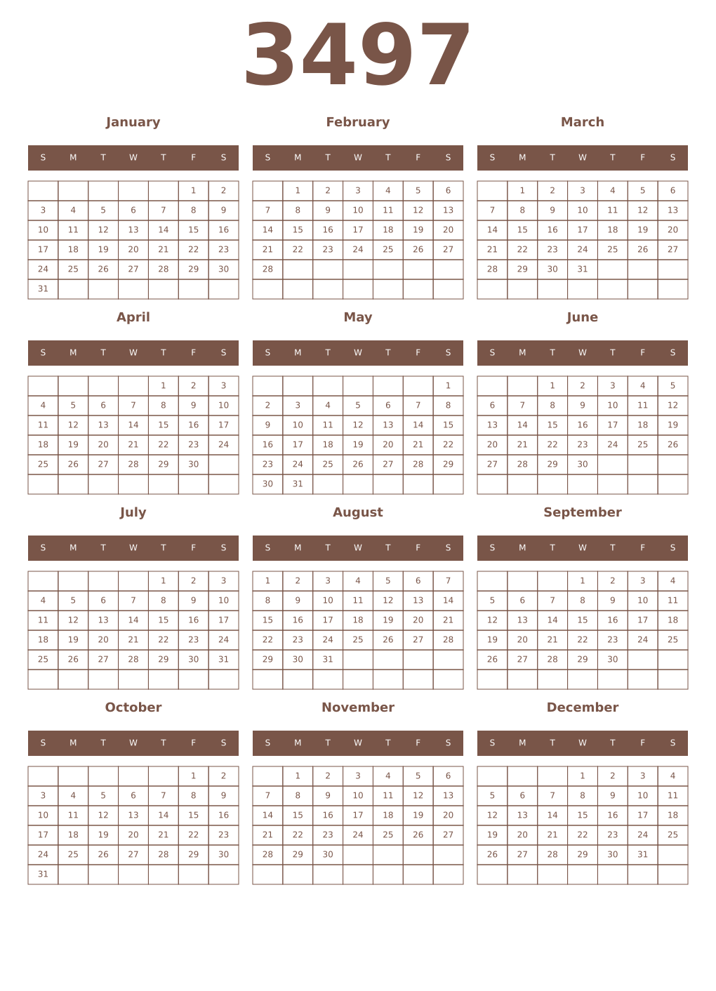 Printable 3497 Year Calendars coffe