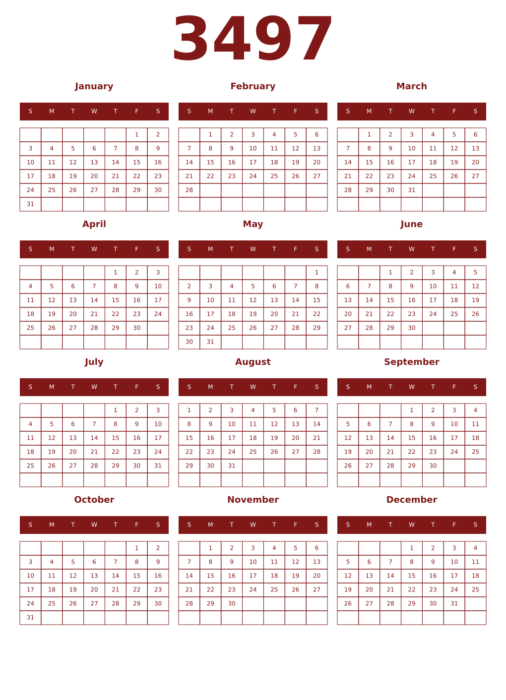 Printable 3497 Year Calendars falu