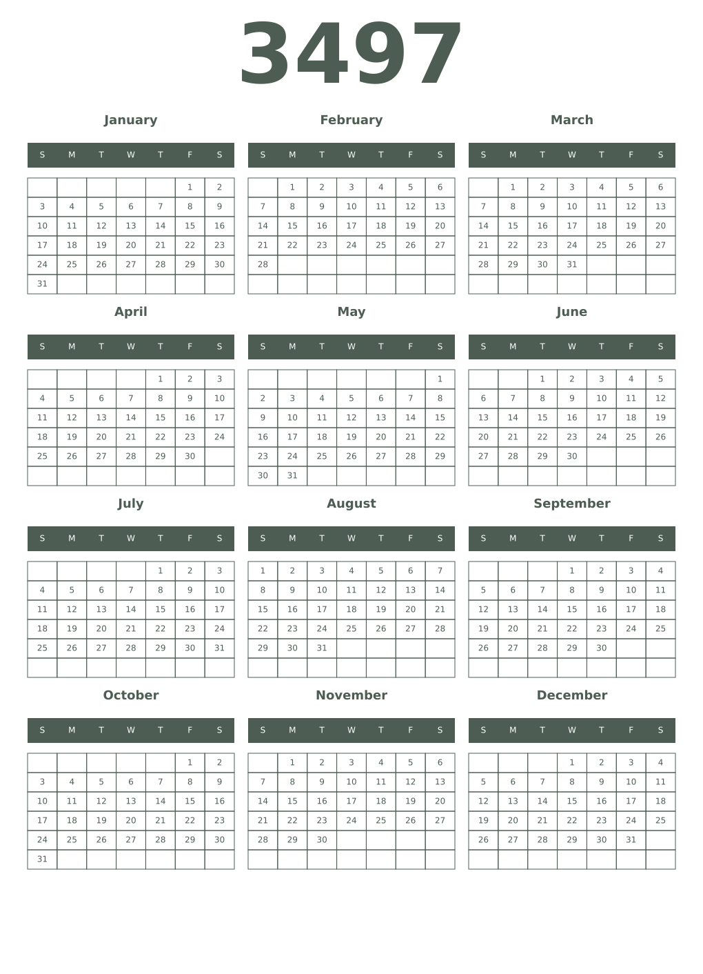 Printable 3497 Year Calendars feldgrau