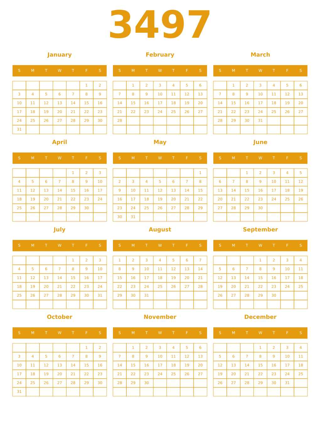 Printable 3497 Year Calendars gamboge