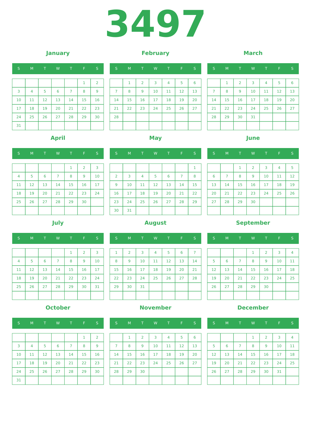 Printable 3497 Year Calendars green