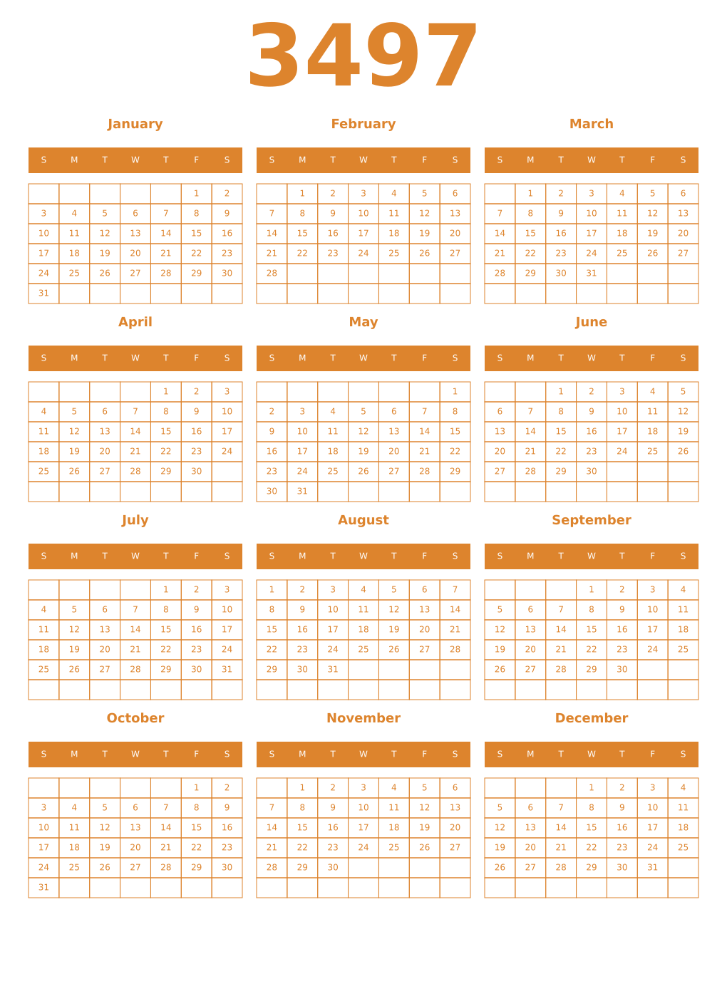 Printable 3497 Year Calendars orange