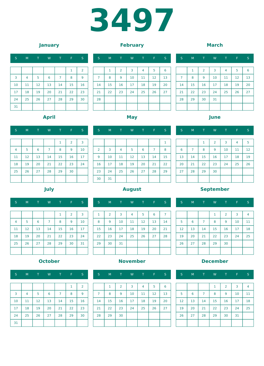Printable 3497 Year Calendars pastel