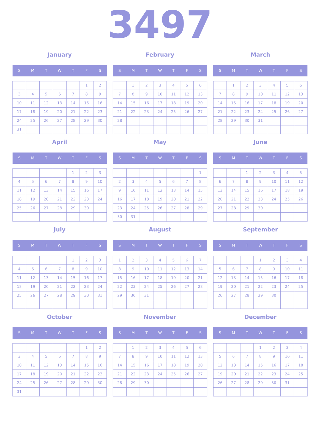 Printable 3497 Year Calendars periwinkle