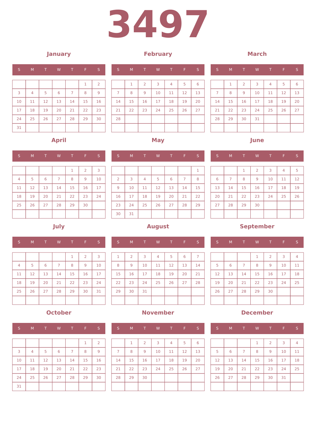 Printable 3497 Year Calendars puce