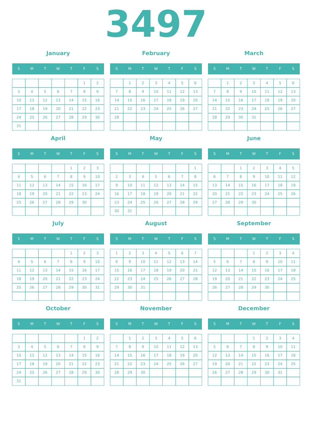 Printable 3497 Year Calendars verdigris