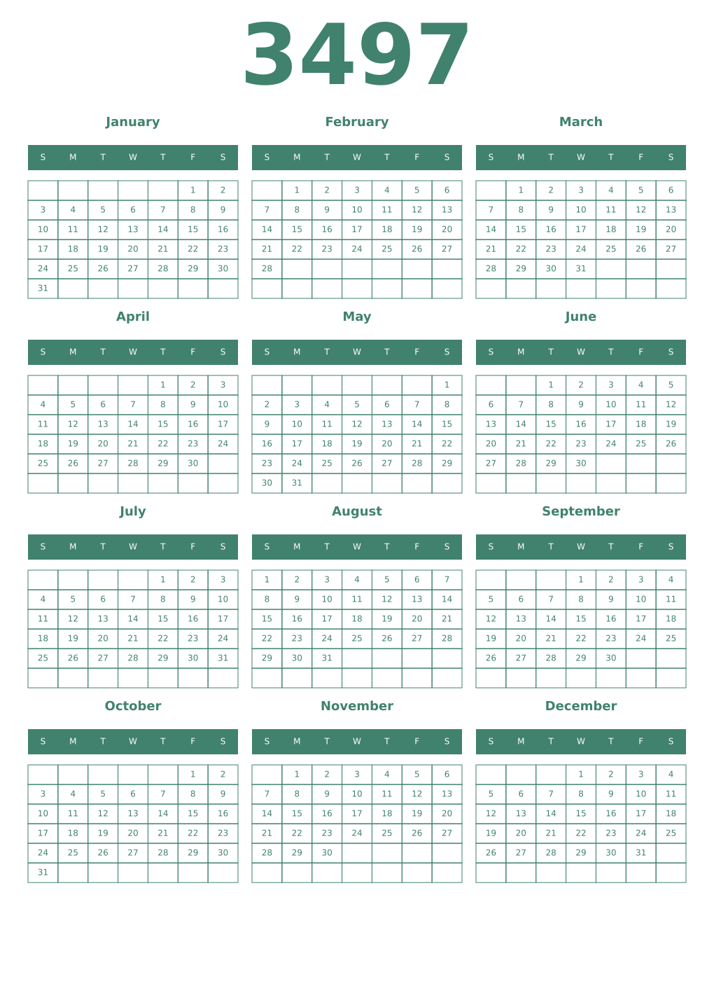 Printable 3497 Year Calendars viridian