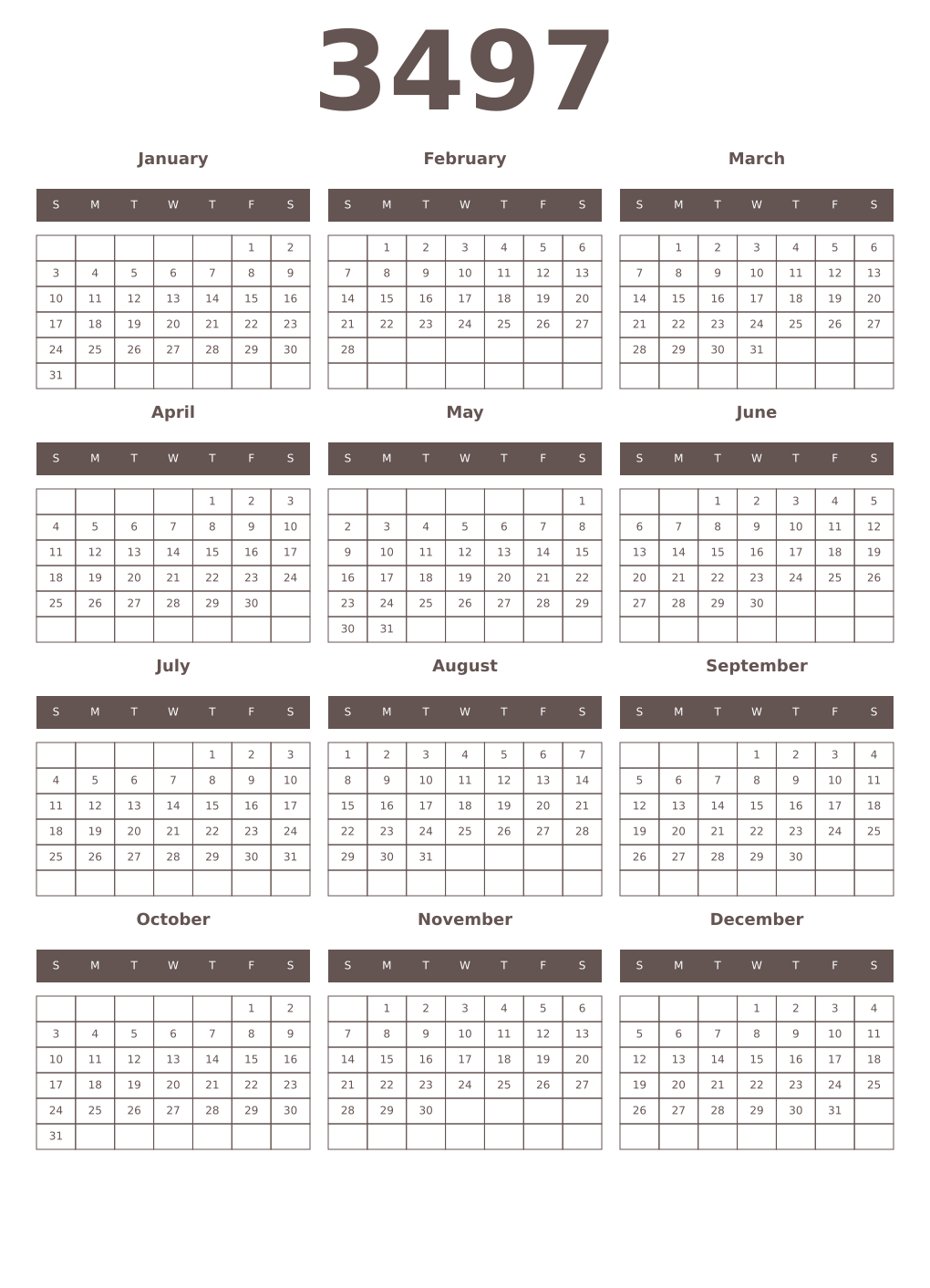 Printable 3497 Year Calendars wenge