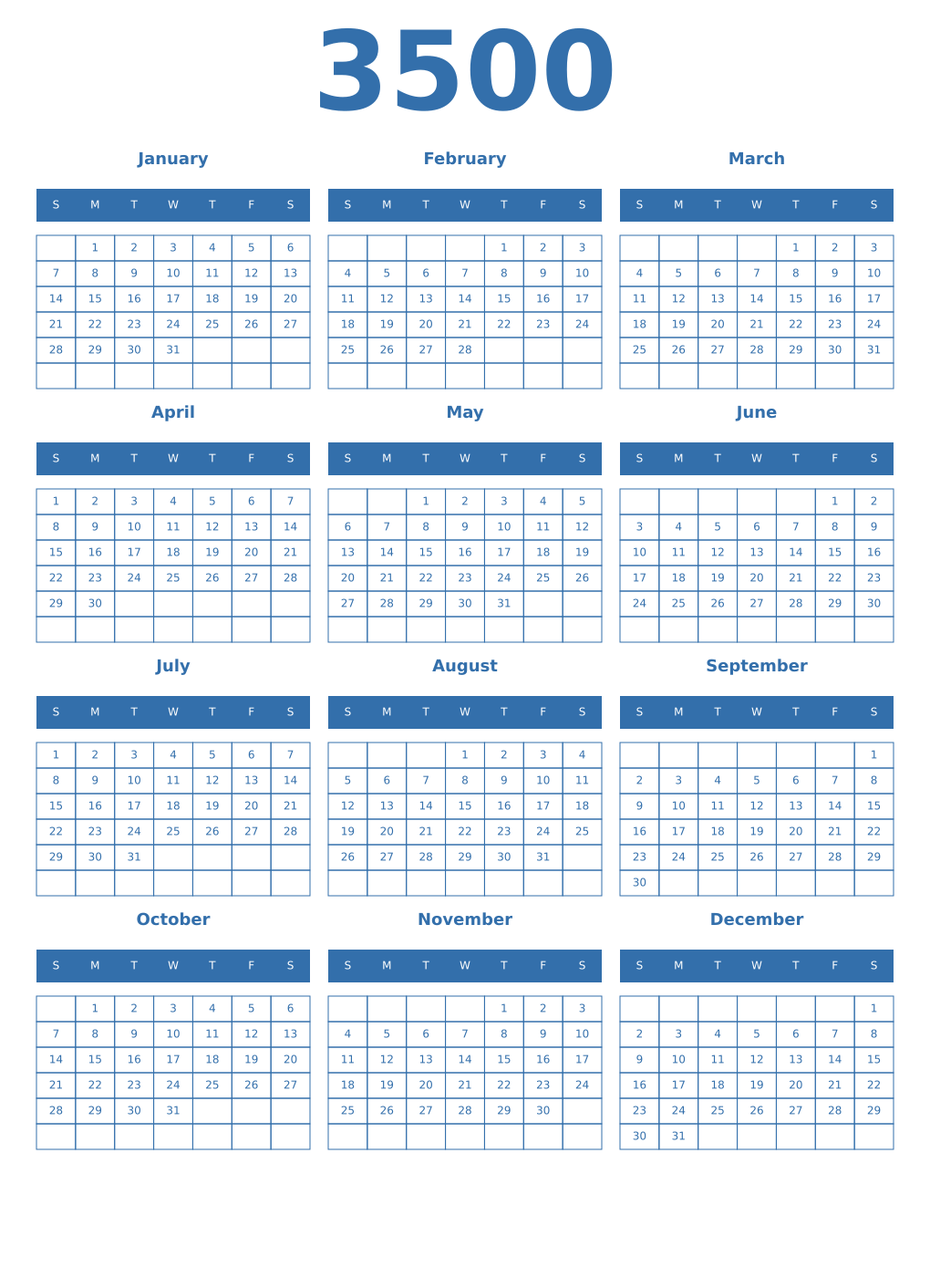Printable 3500 Year Calendars blue
