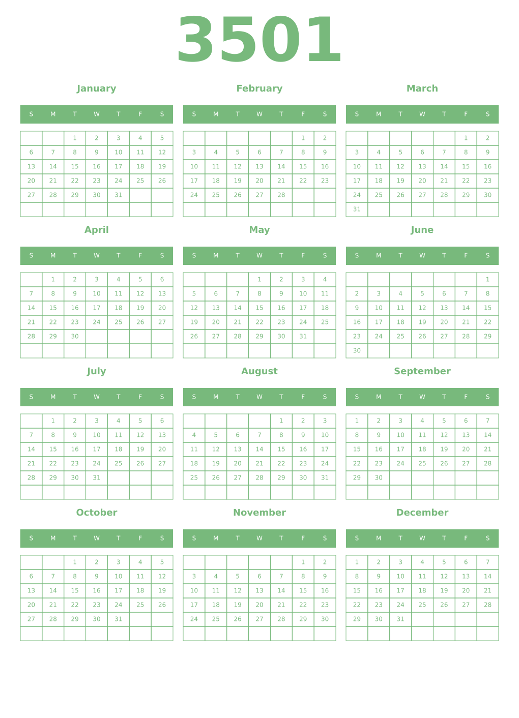 Printable 3501 Year Calendars celadon
