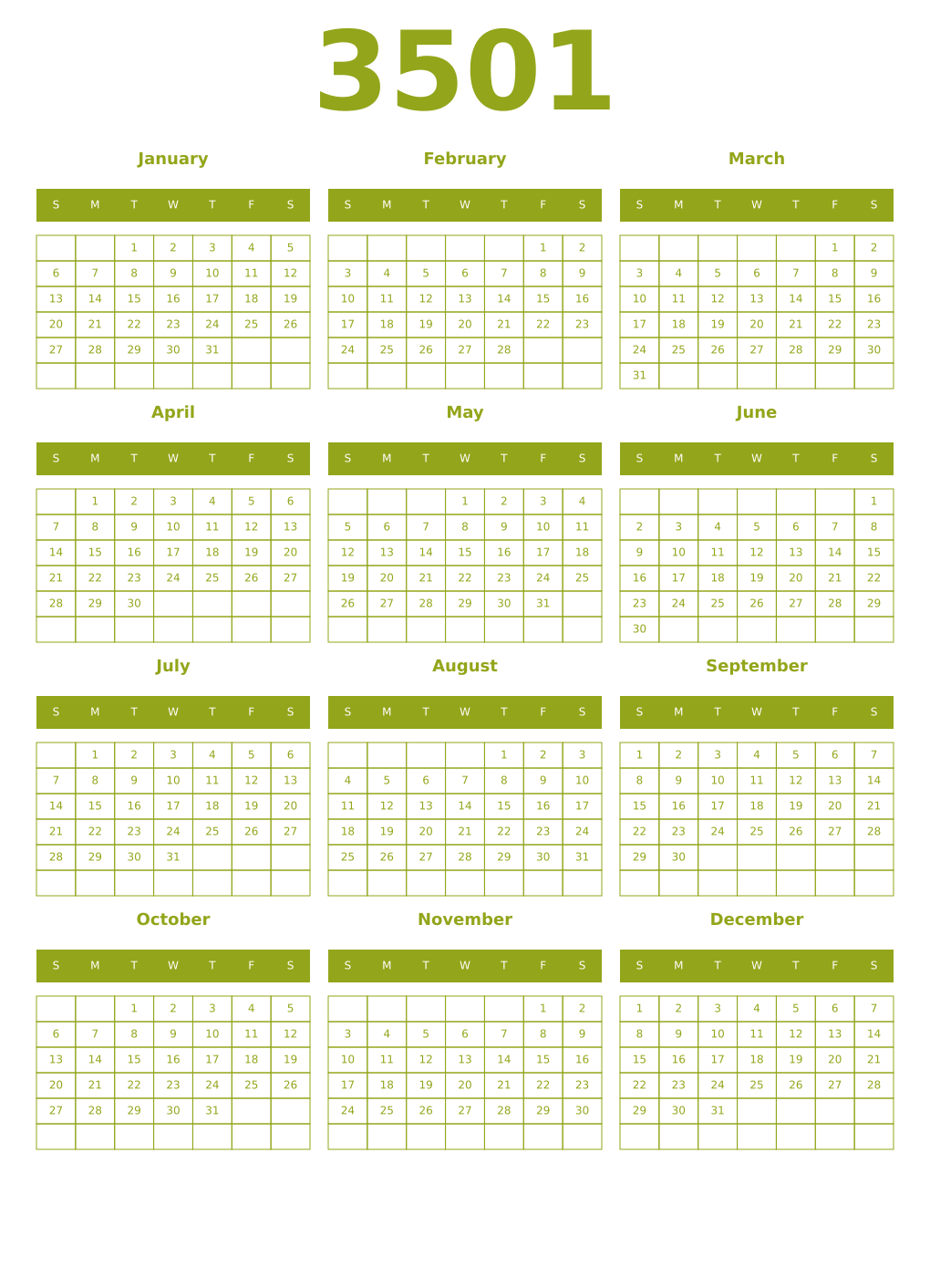 Printable 3501 Year Calendars chartreuse