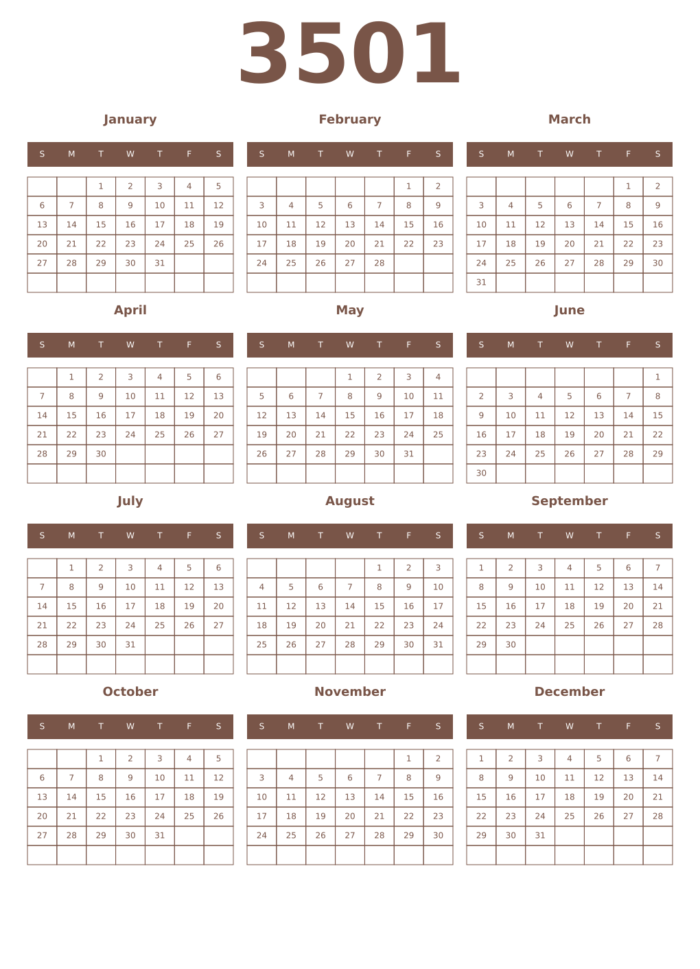 Printable 3501 Year Calendars coffe