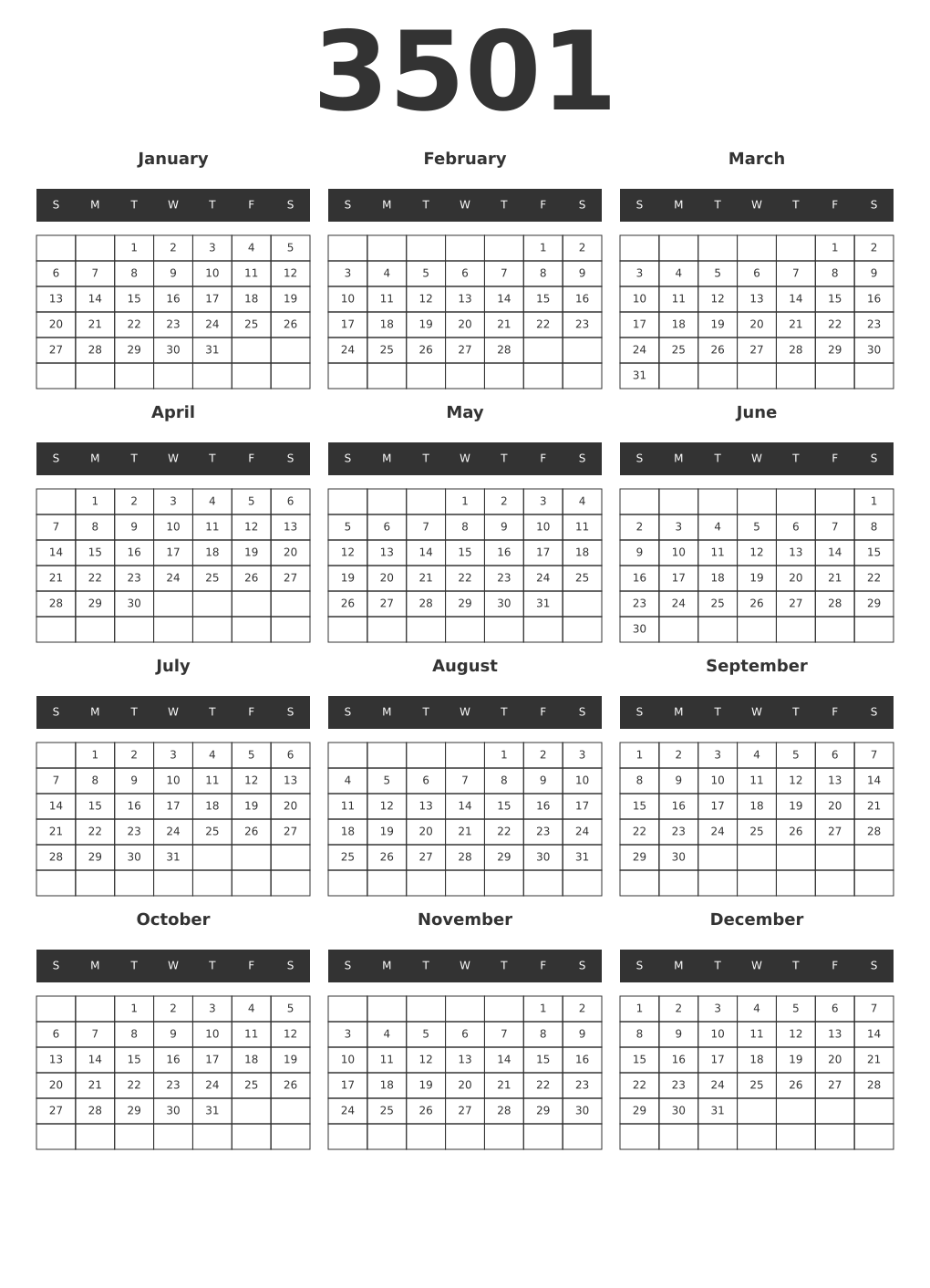 Printable 3501 Year Calendars dark
