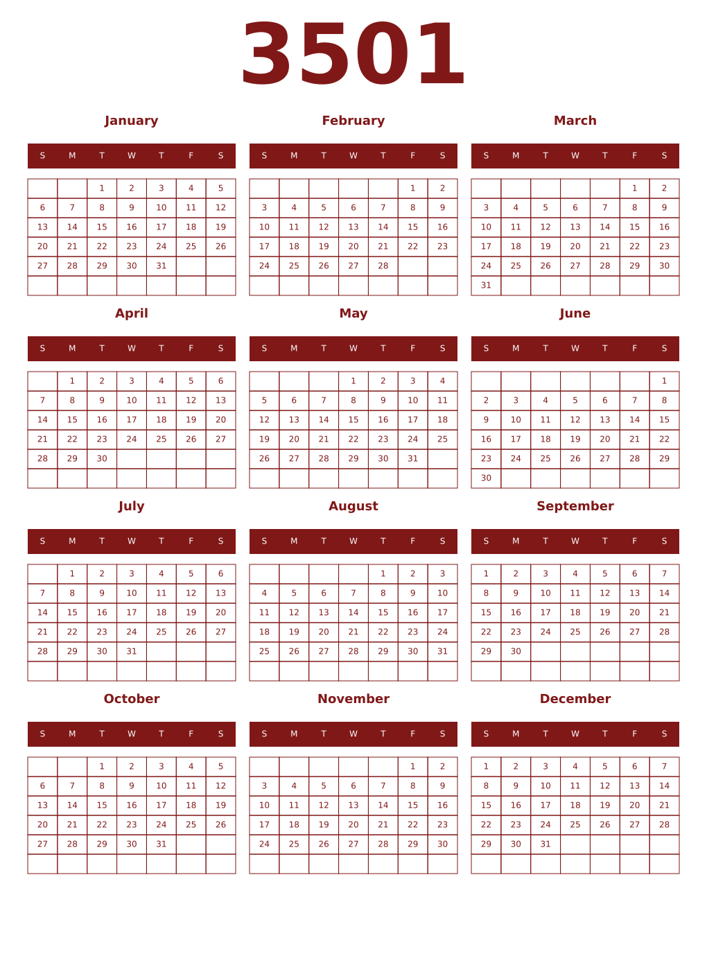 Printable 3501 Year Calendars falu