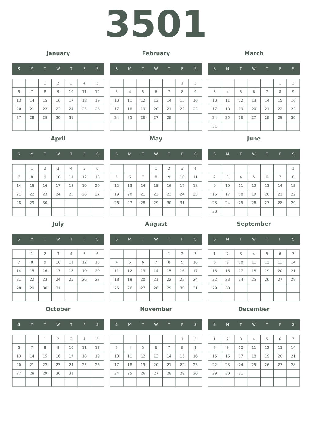 Printable 3501 Year Calendars feldgrau