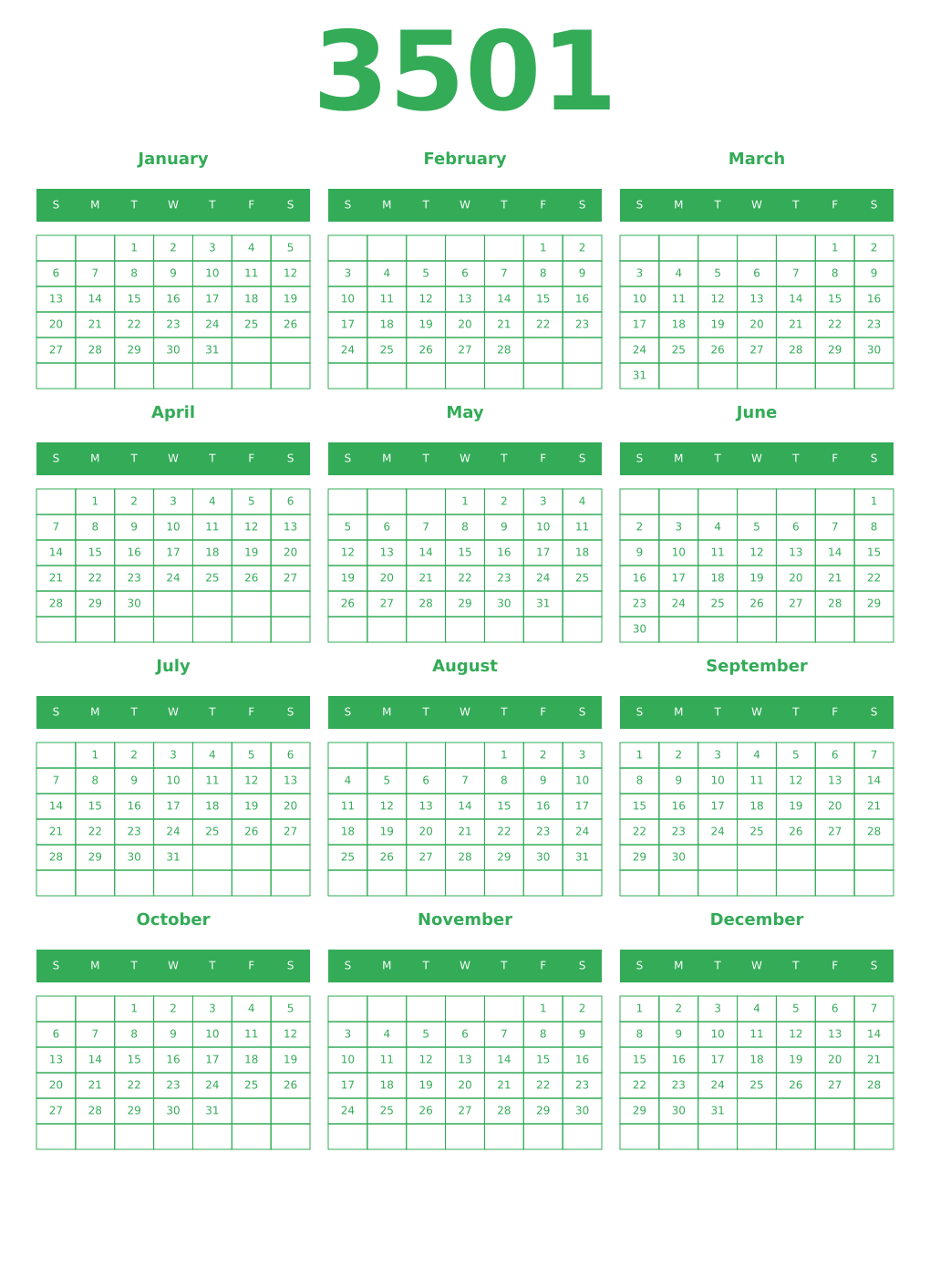 Printable 3501 Year Calendars green