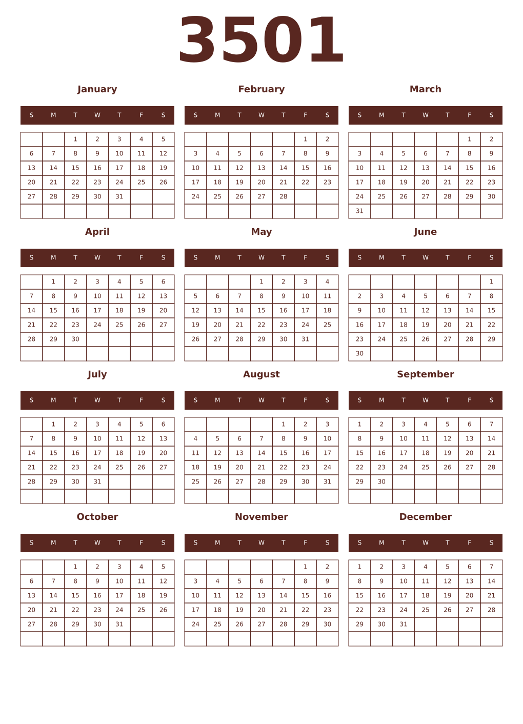 Printable 3501 Year Calendars mortuum