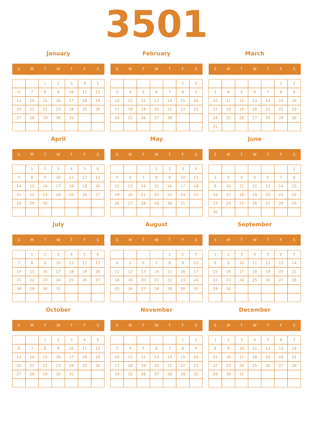 Printable 3501 Year Calendars orange