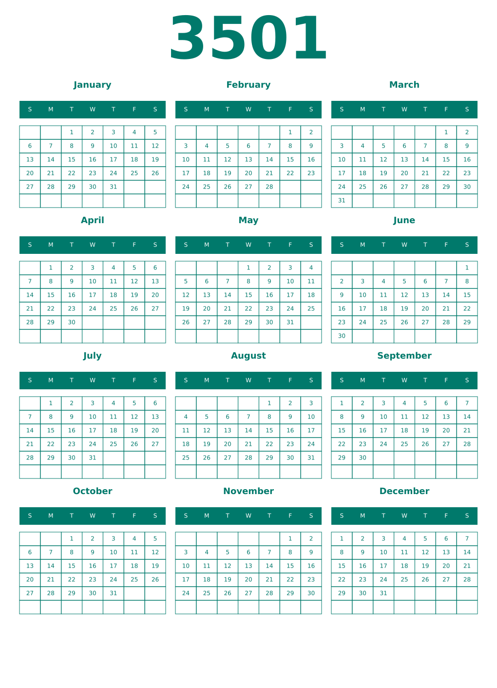 Printable 3501 Year Calendars pastel