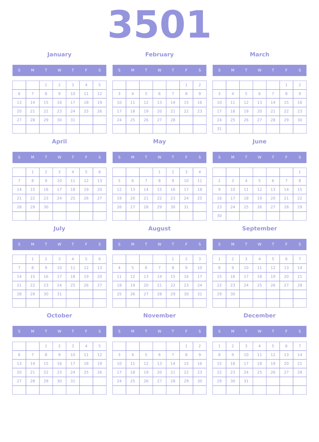 Printable 3501 Year Calendars periwinkle