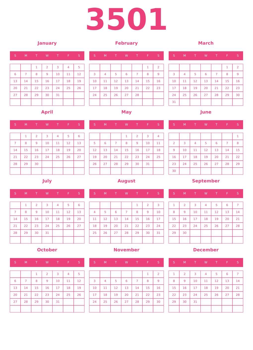Printable 3501 Year Calendars pink