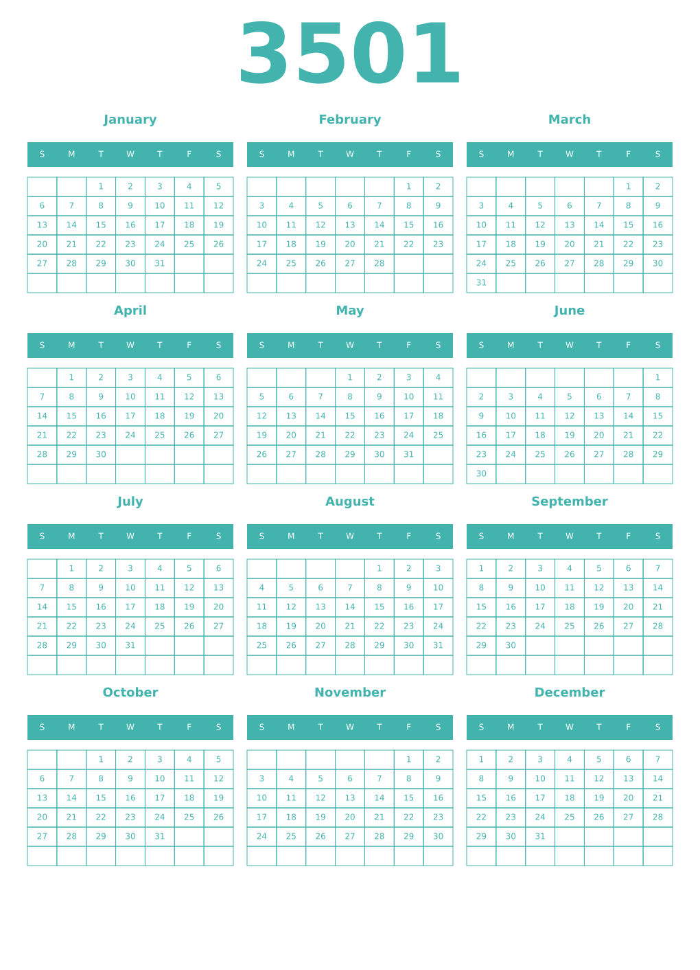 Printable 3501 Year Calendars verdigris