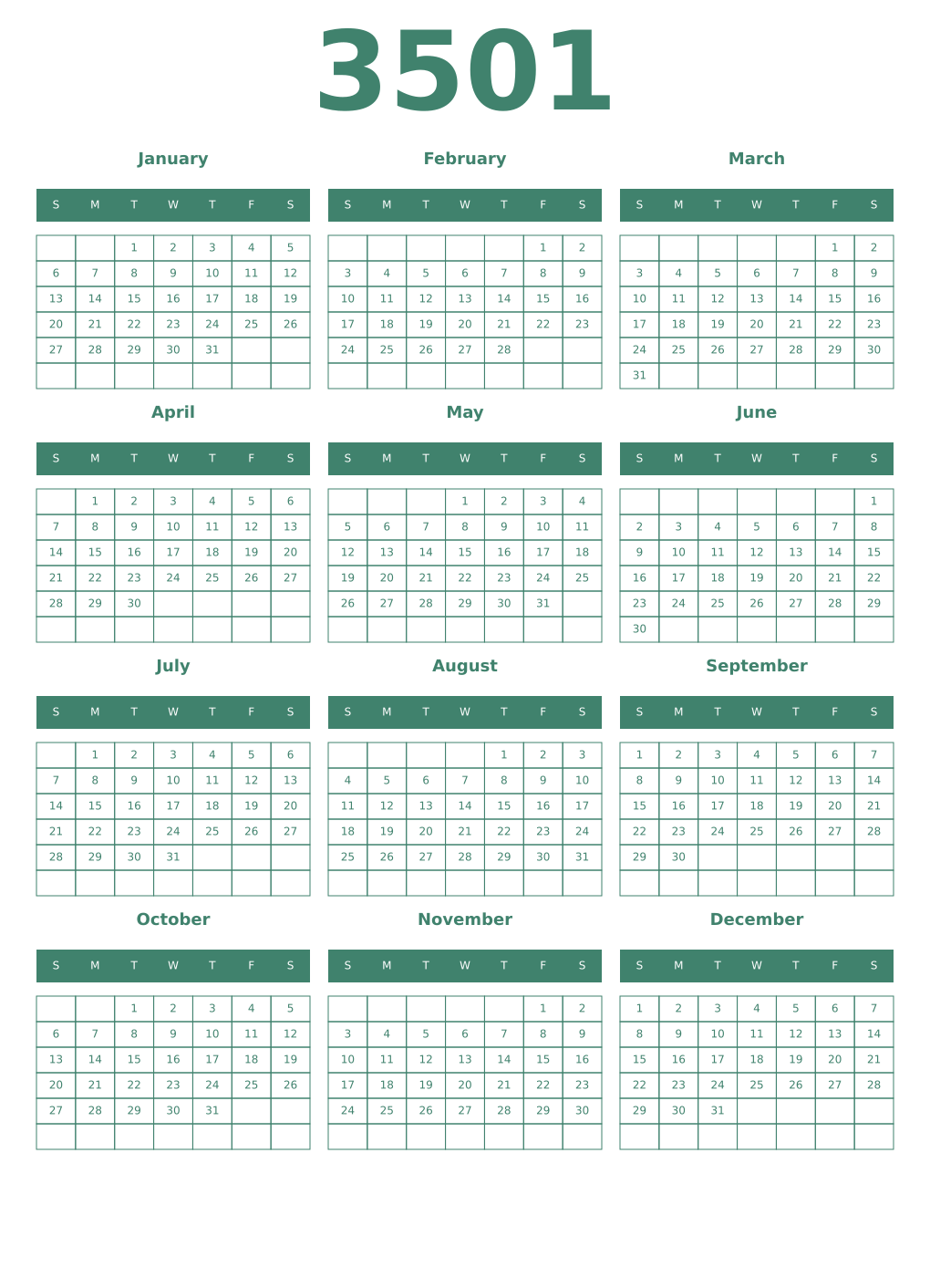Printable 3501 Year Calendars viridian