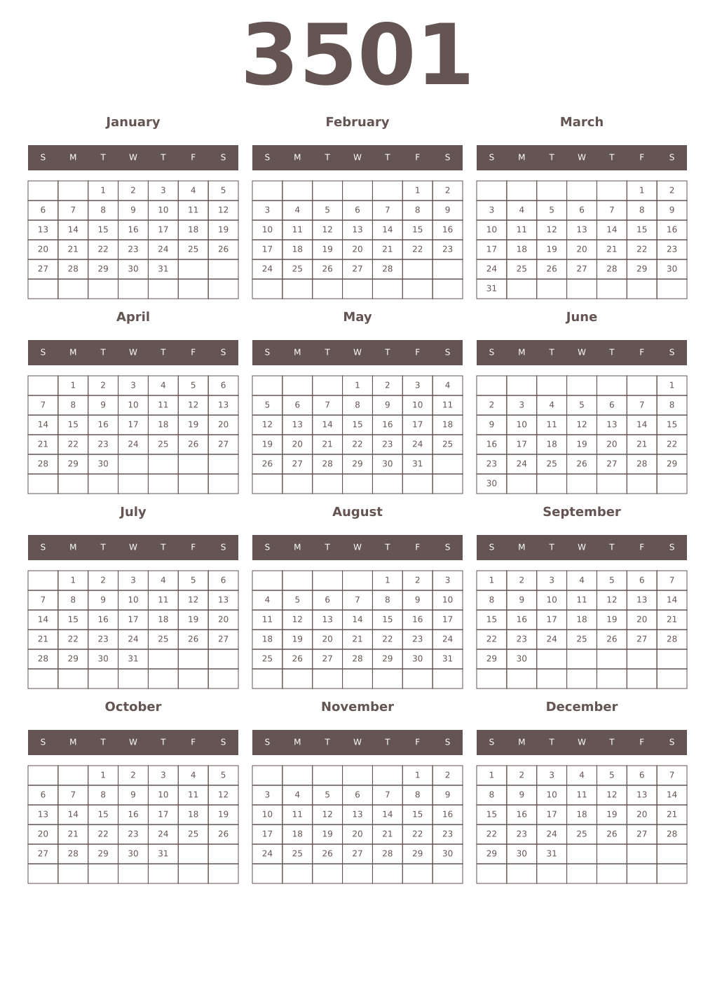 Printable 3501 Year Calendars wenge