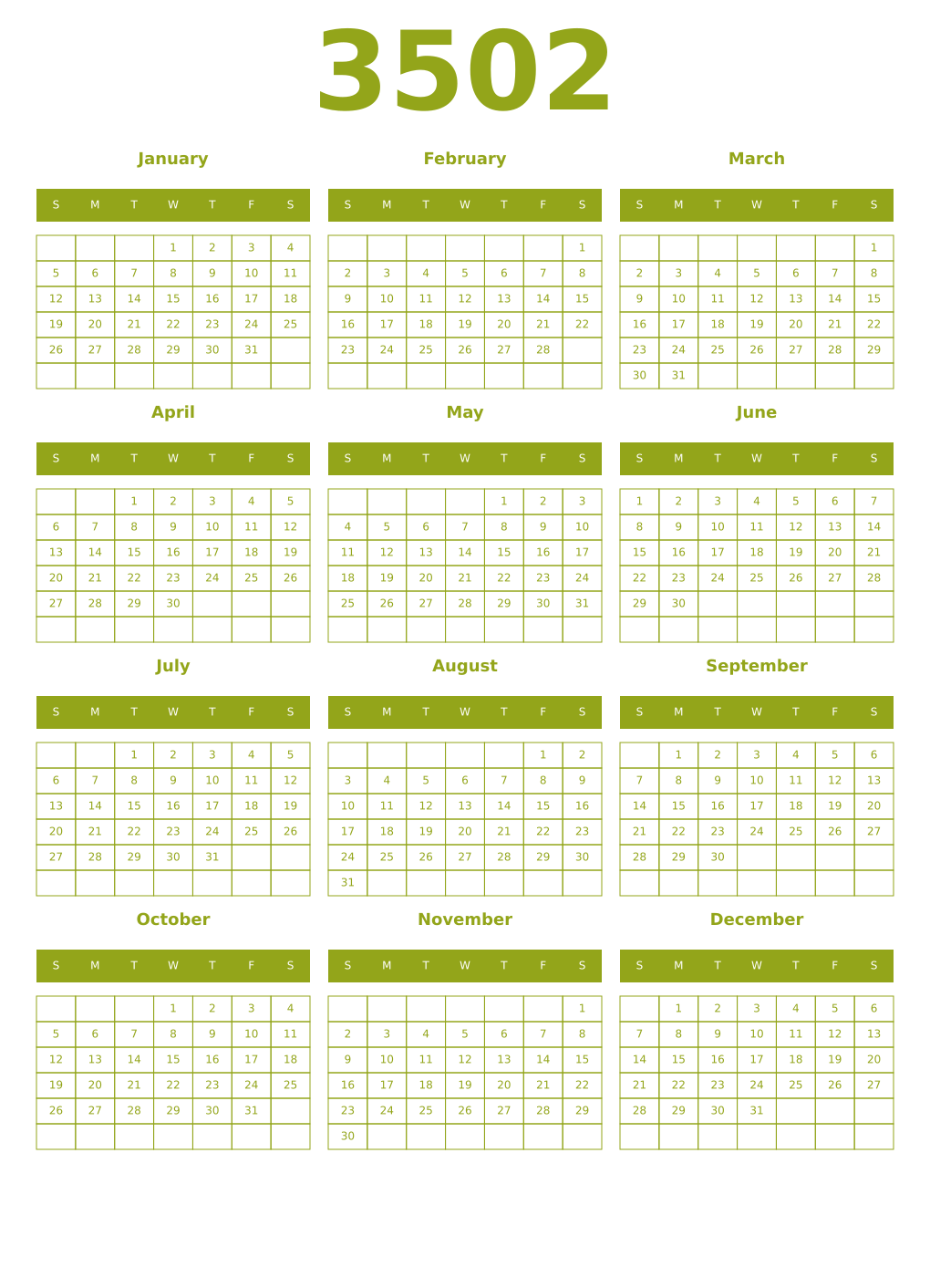Printable 3502 Year Calendars chartreuse