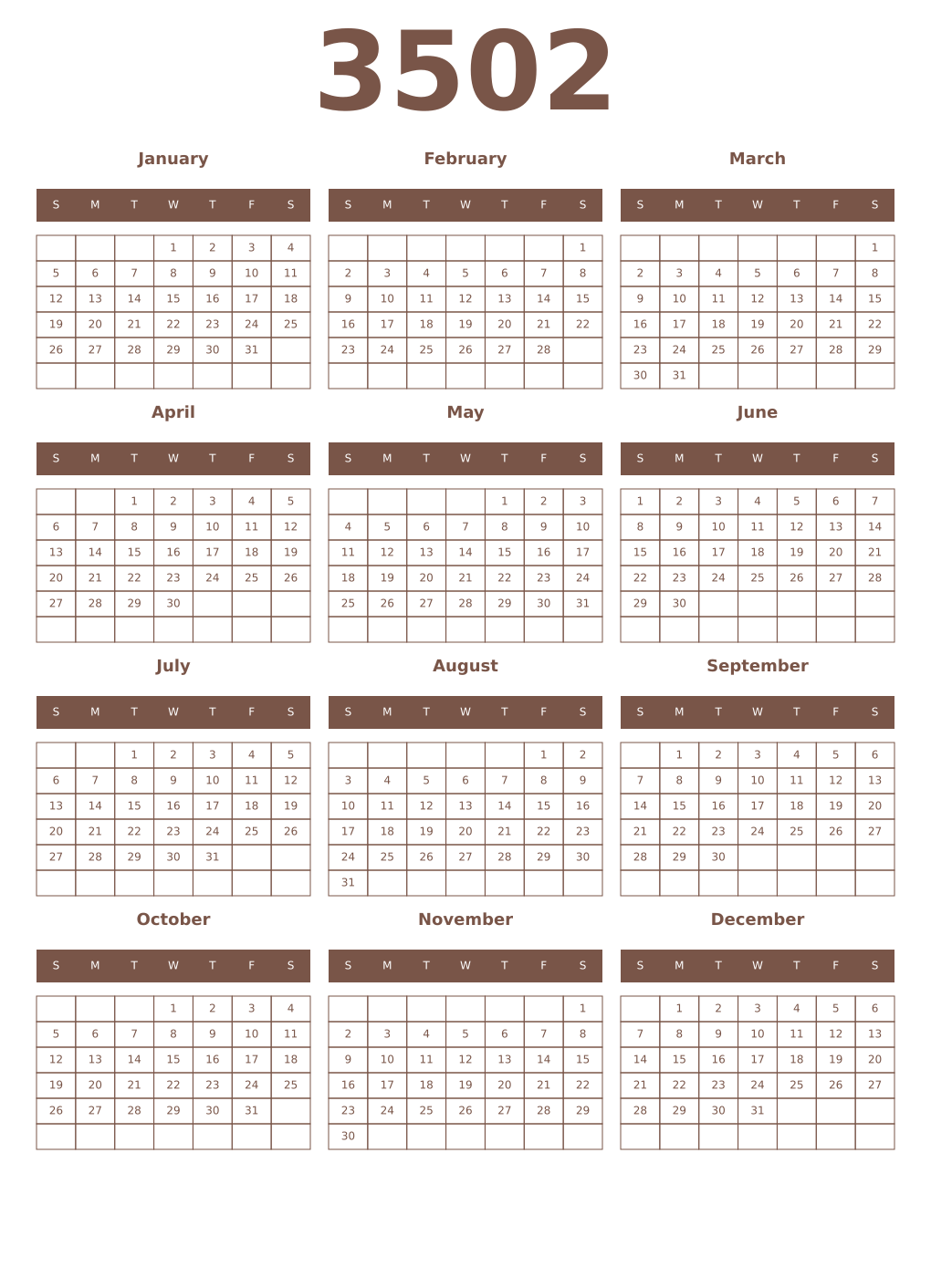 Printable 3502 Year Calendars coffe