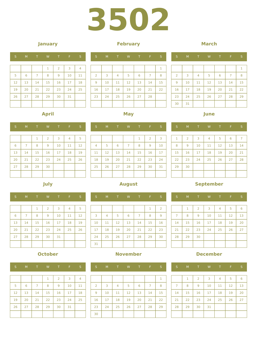 Printable 3502 Year Calendars eburnean