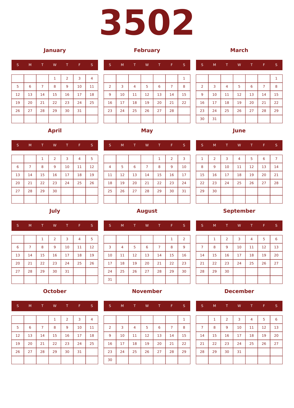 Printable 3502 Year Calendars falu