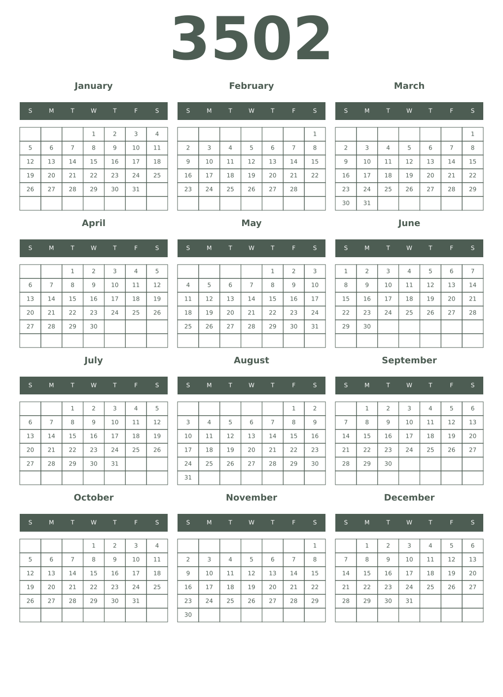 Printable 3502 Year Calendars feldgrau