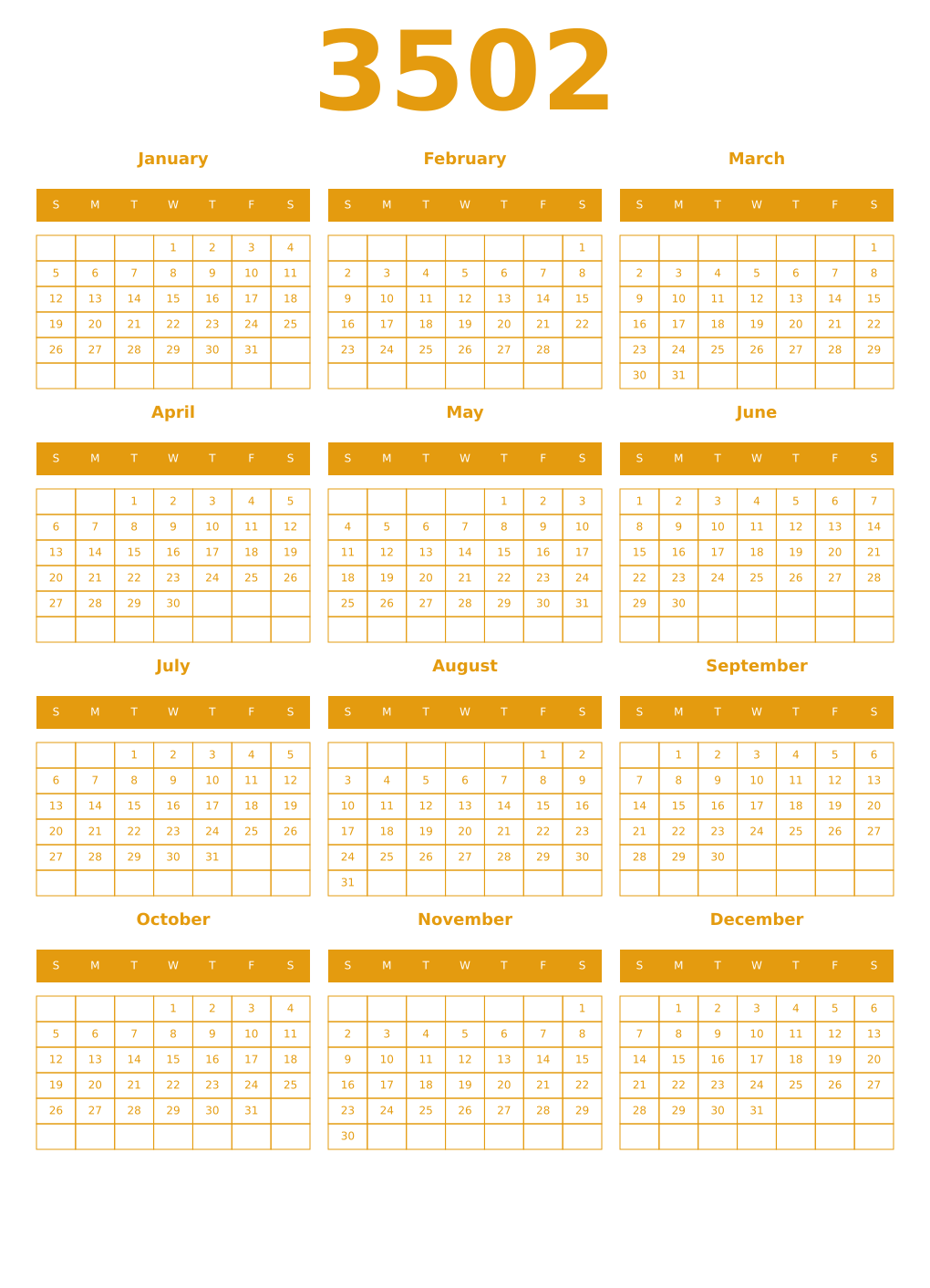 Printable 3502 Year Calendars gamboge