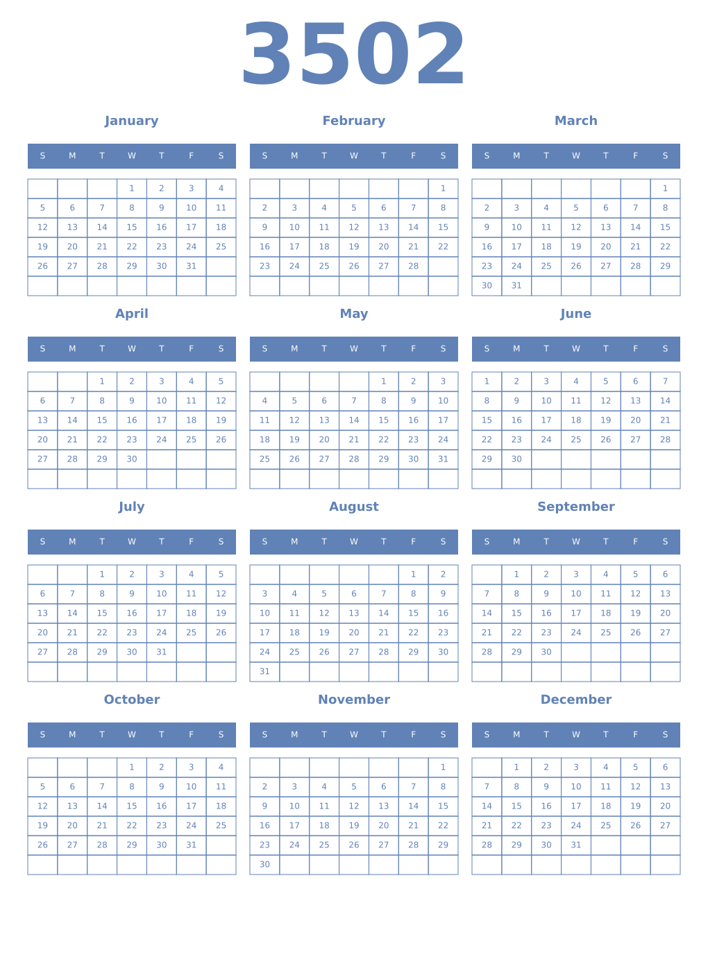 Printable 3502 Year Calendars glaucous