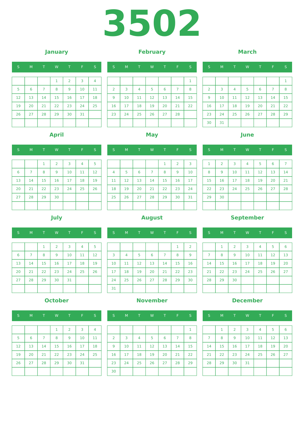 Printable 3502 Year Calendars green