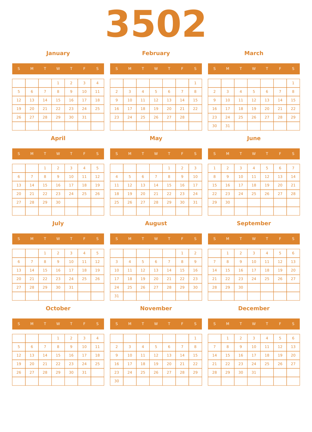 Printable 3502 Year Calendars orange