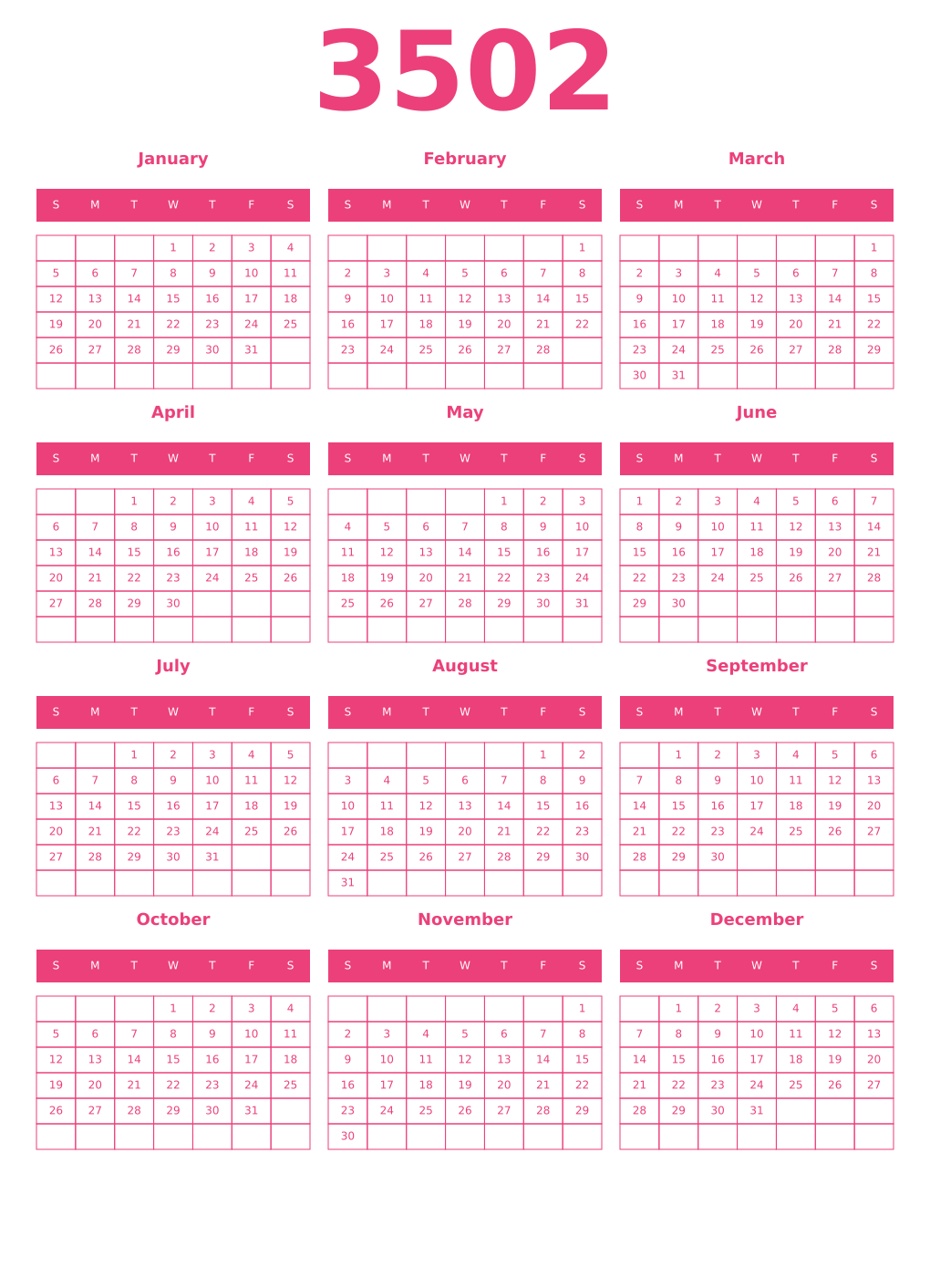 Printable 3502 Year Calendars pink