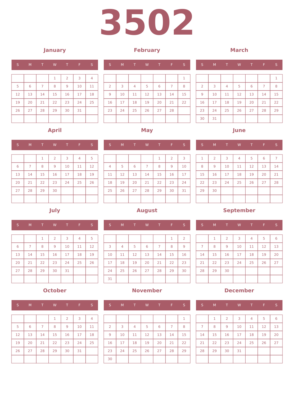 Printable 3502 Year Calendars puce