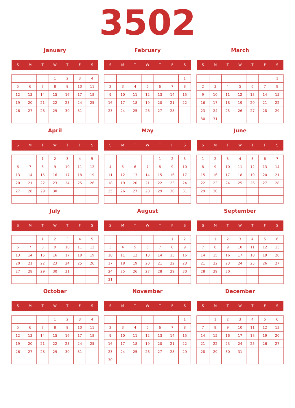 Printable 3502 Year Calendars red
