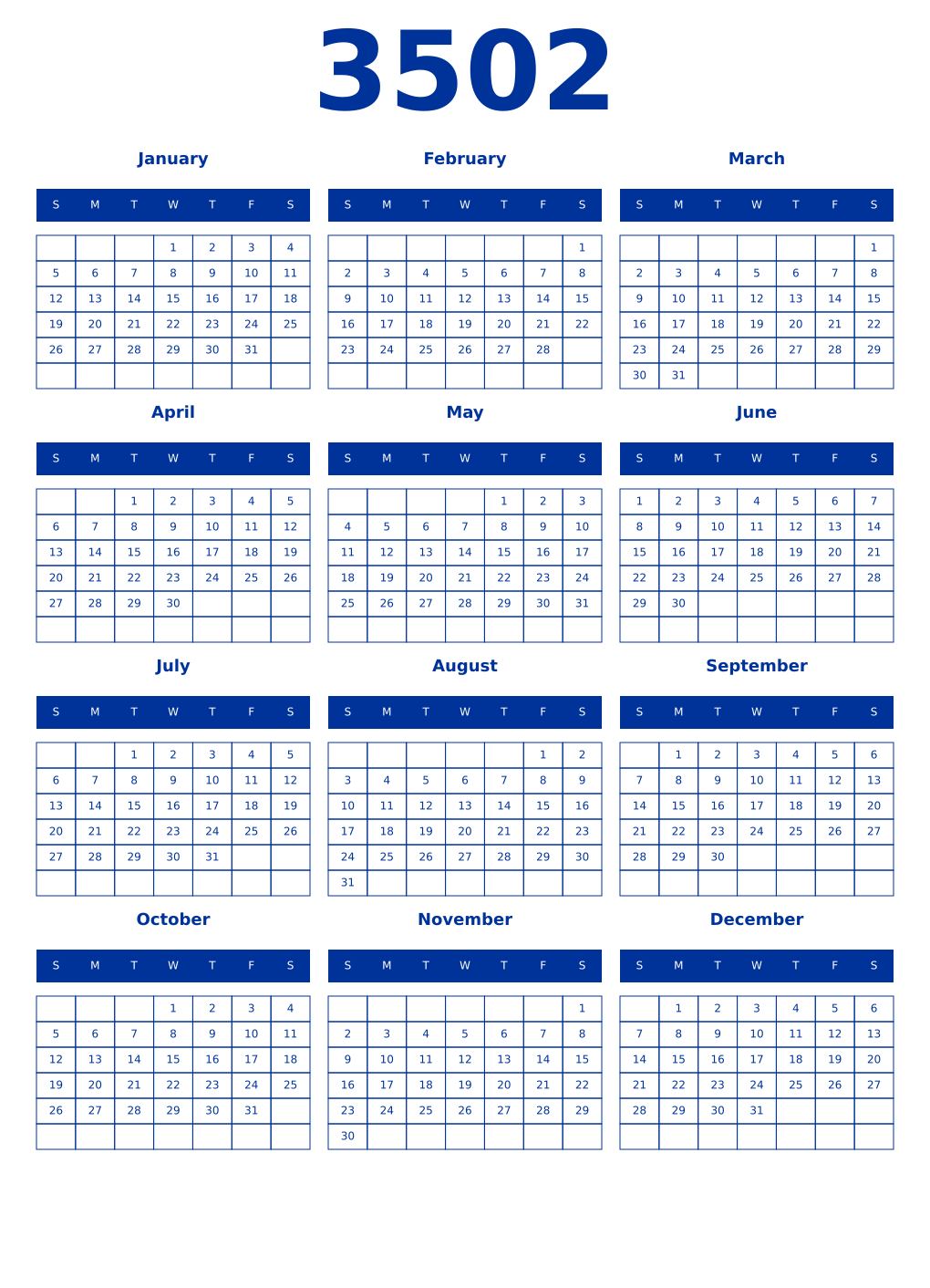 Printable 3502 Year Calendars smalt