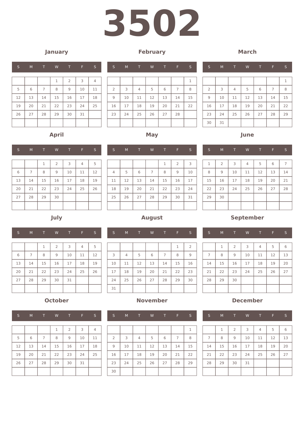 Printable 3502 Year Calendars wenge