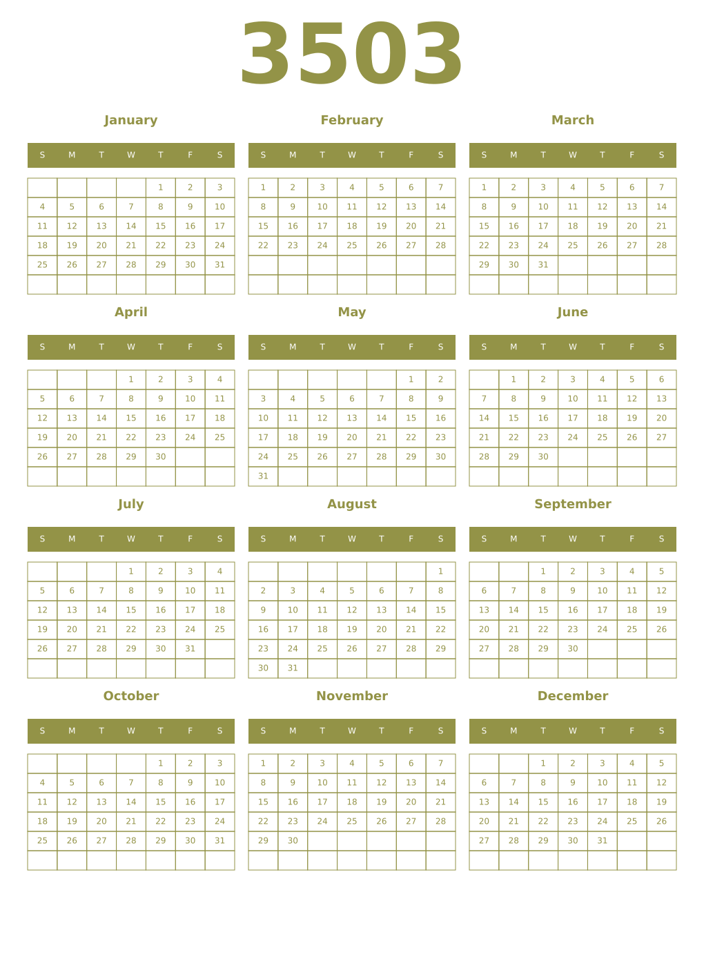 Printable 3503 Year Calendars eburnean