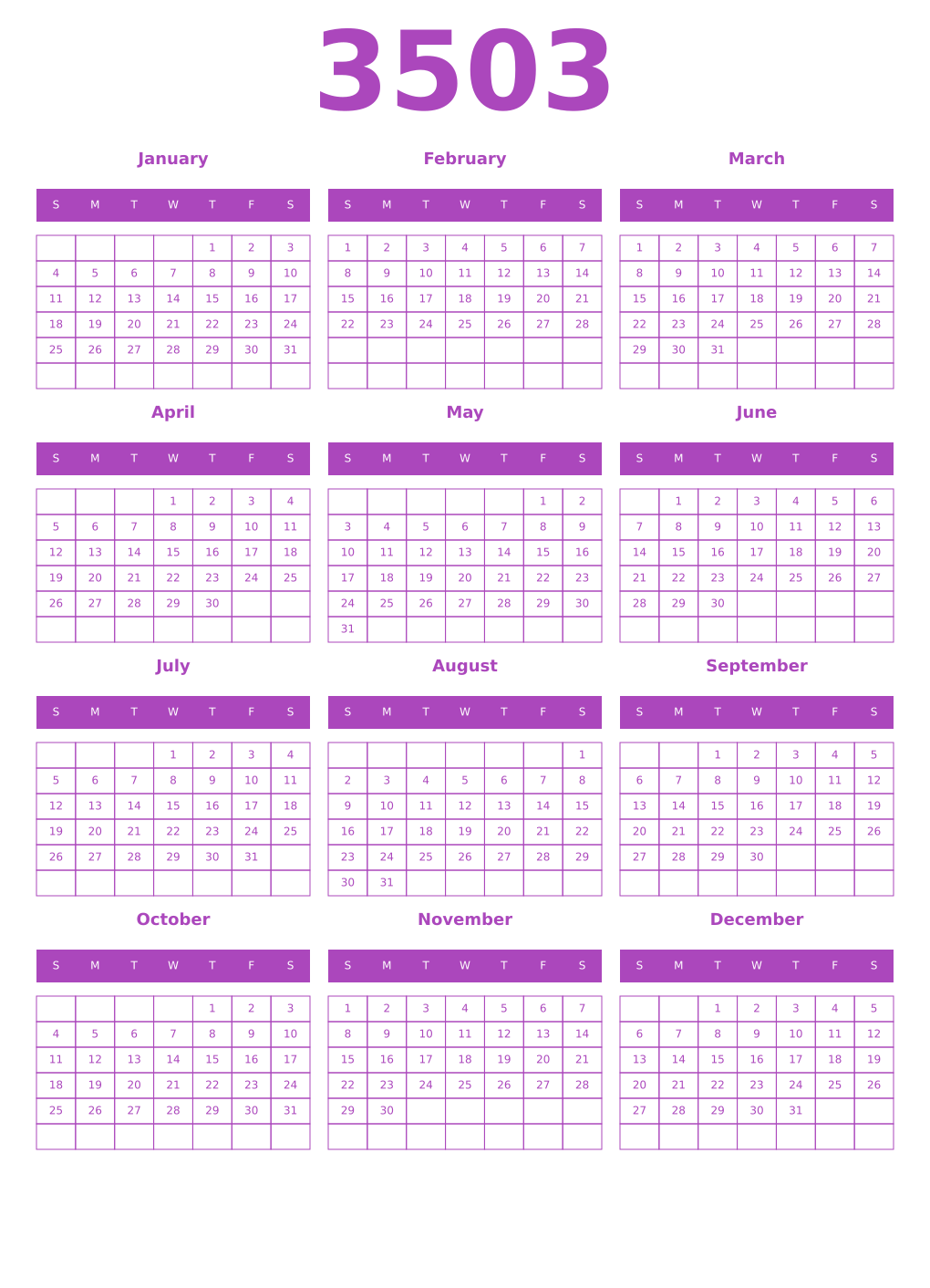 Printable 3503 Year Calendars purple
