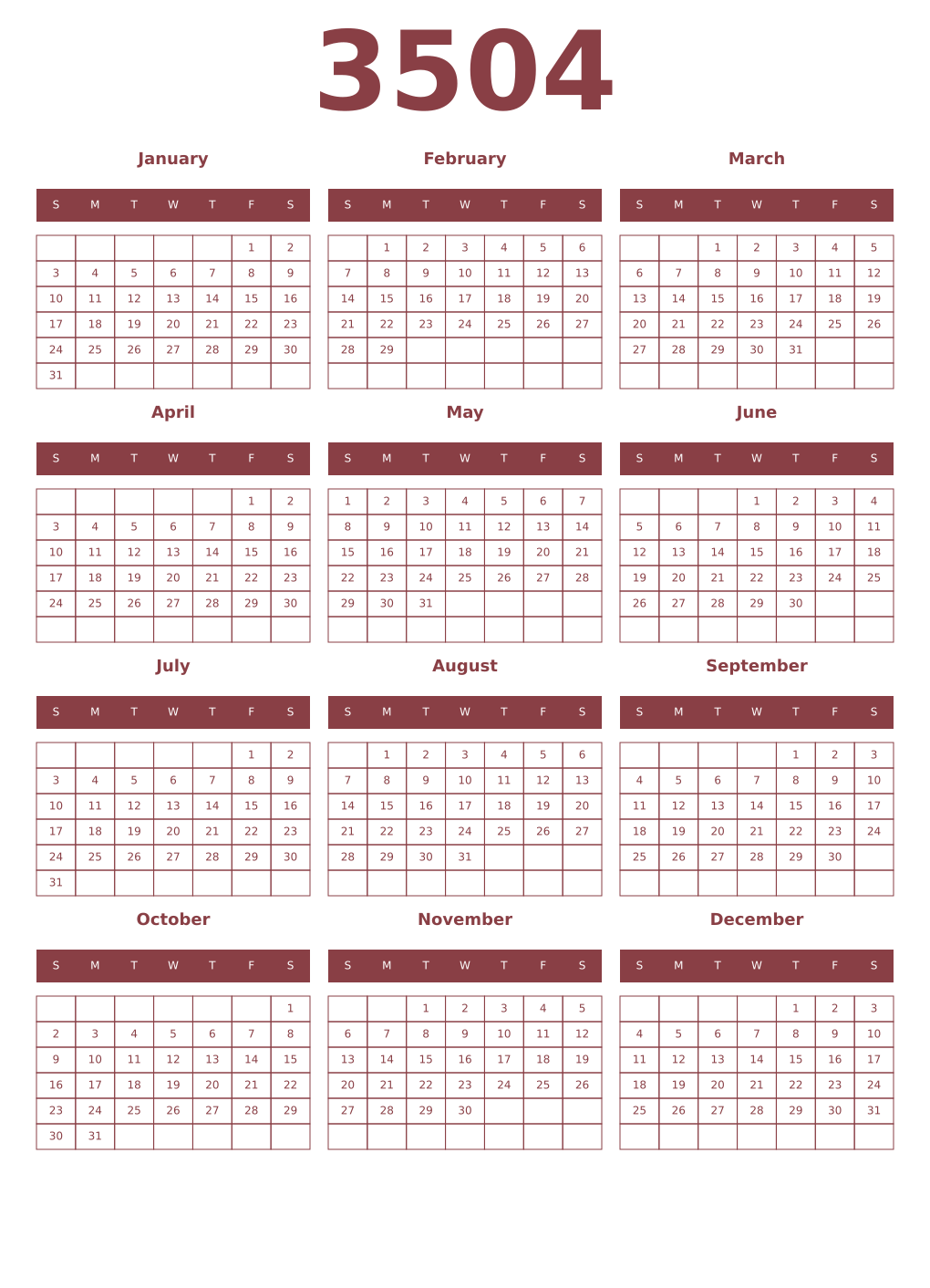 Printable 3504 Year Calendars cordovan