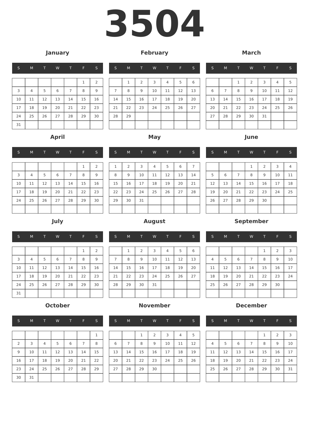 Printable 3504 Year Calendars dark